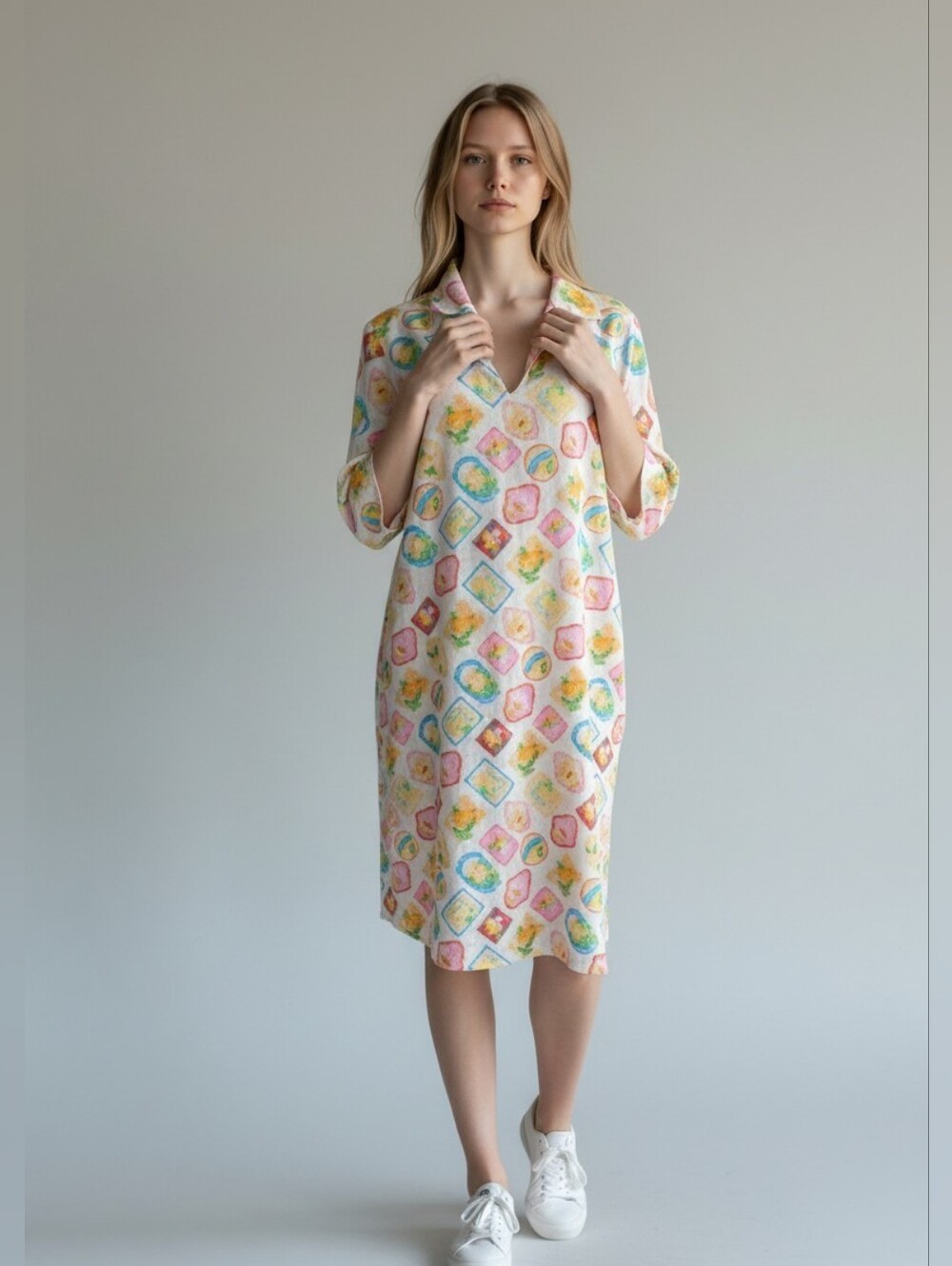 Terzo Millennio NWT Italian Linen Blend Stamp Print Shirt Dress Tunic Coverup M